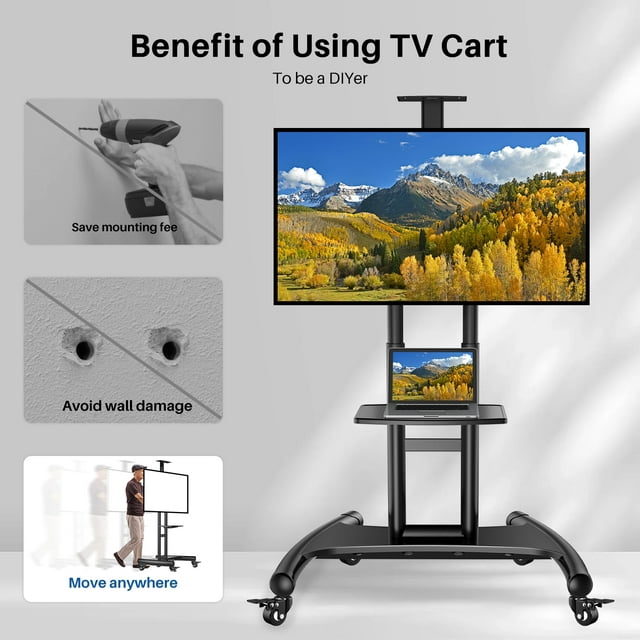 MountFTV Modern Rolling TV Stand Mobile TV Cart Floor TV Stand with Projector Shelf for 32-75 inch Flat Panel TVs