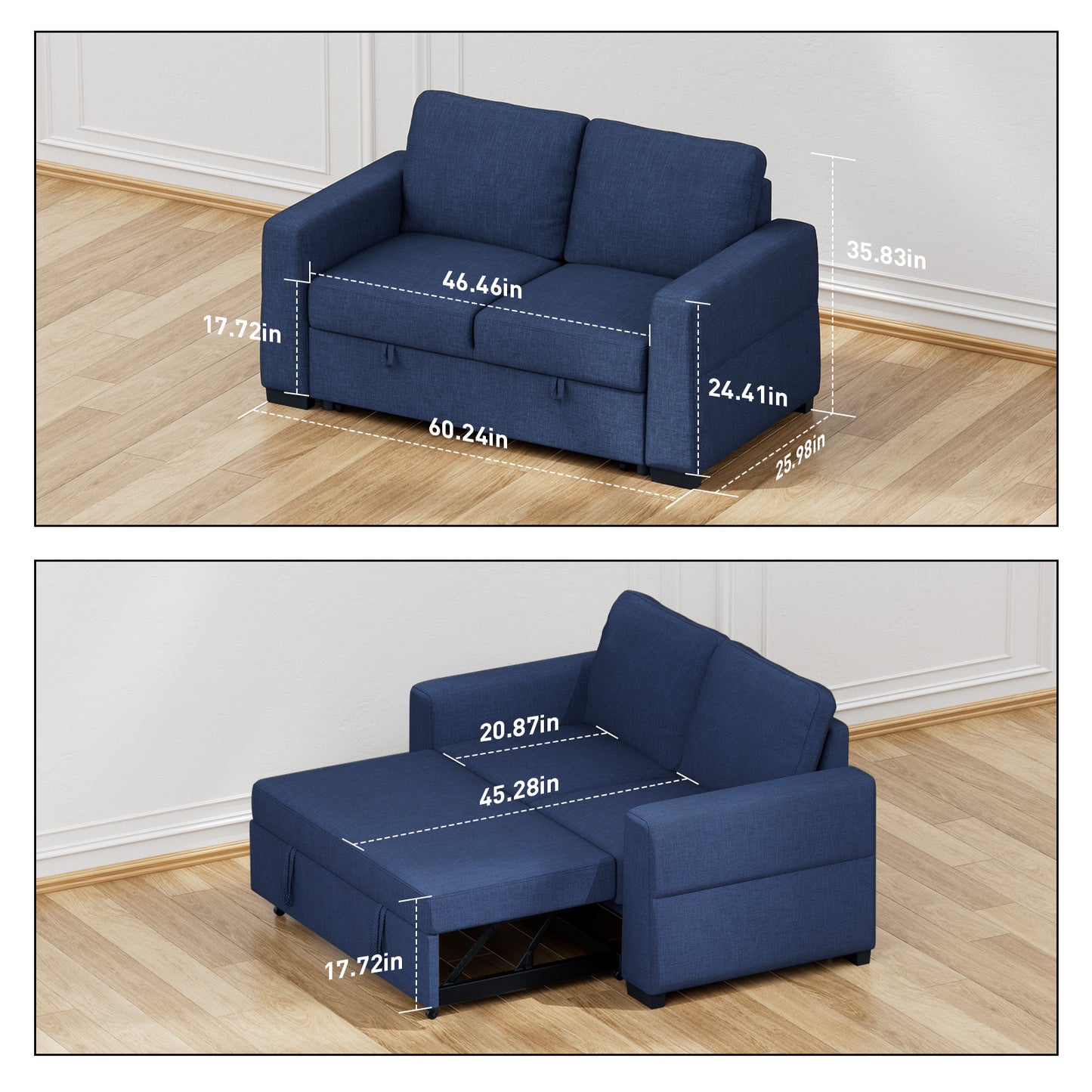 CHITOOMA 60'' Linen Pull Out Sofa Bed Convertible Sleeper Couch with Charging Port, Upholstered Sectional Sofa with 2 Pillows, Reclining Sofas for Living Room, Blue