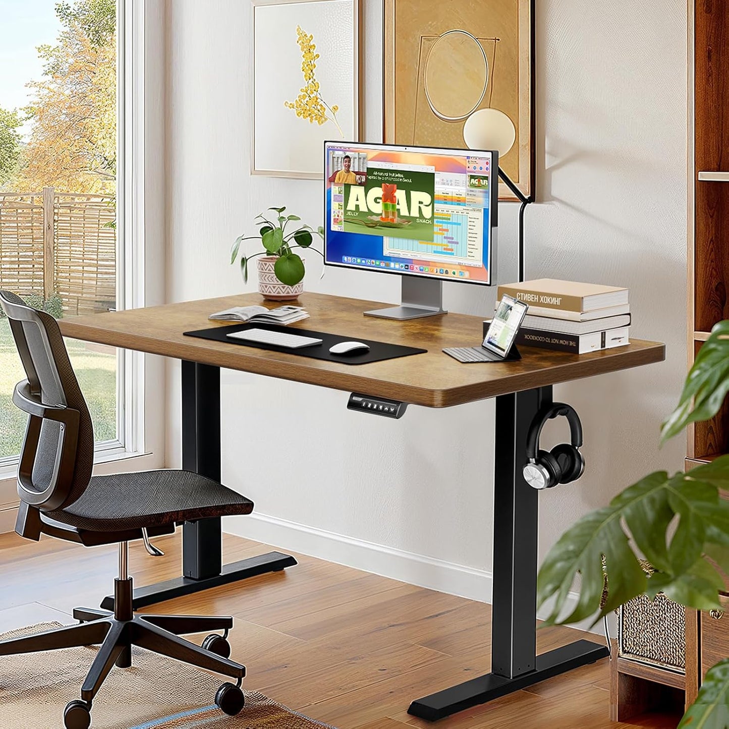Kyspho 48'' x 30'' Electric Standing Desk, Adjustable Height Sit to Stand Desk with 4 Height Memory & 1.2'' Thick Desk Top, Ergonomic Desk for Home Office, Brown