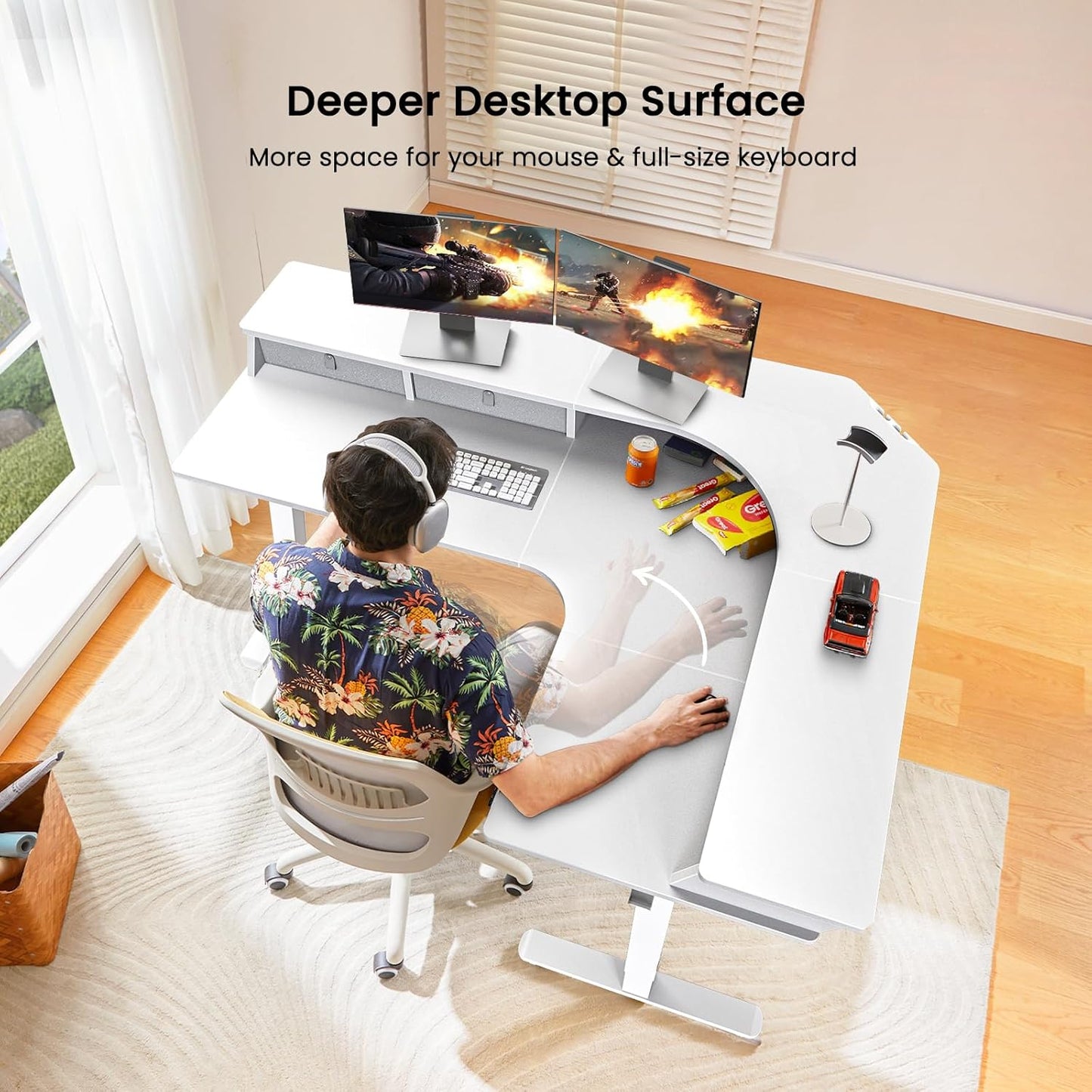 Kyspho 65'' L Shaped Standing Desk, Electric Height Adjustable Corner Computer Desk with 3 Drawers & 2 Cable Management Trays, Sit Stand Up Desk for Gaming Home Office, White