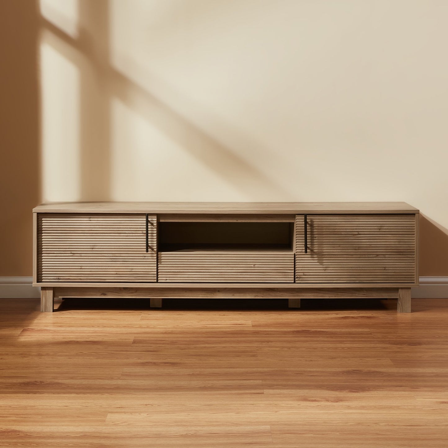 Mid-Century Modern Low Profile Entertainment TV Stand for 65/60/55 inch TV, Farmhouse Entertainment Center with 2 Fluted Door and Storage Living Room, Nature