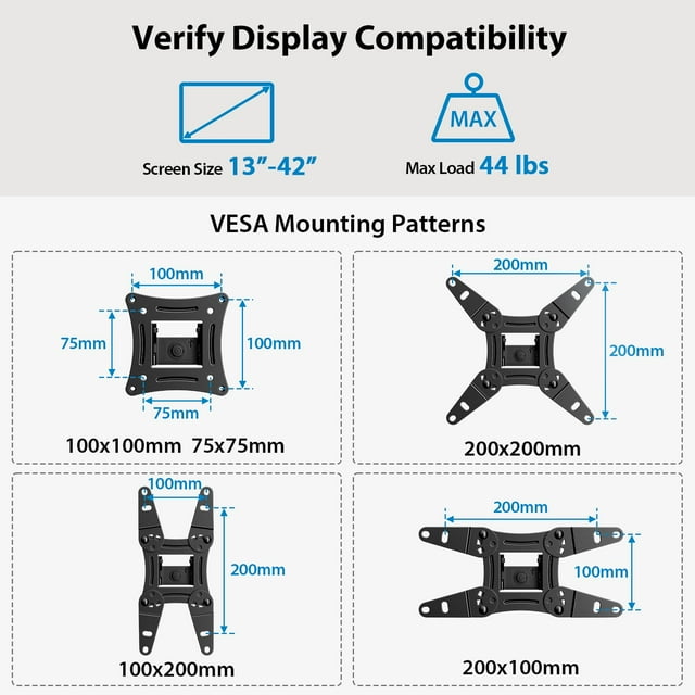 MountFTV Full Motion TV Monitor Wall Mount Bracket Articulating Arms Swivels Tilts Extension Rotation for 13-42 inch Flat Curved TVs Monitors, Max 200x200mm, Holds up to 44lbs