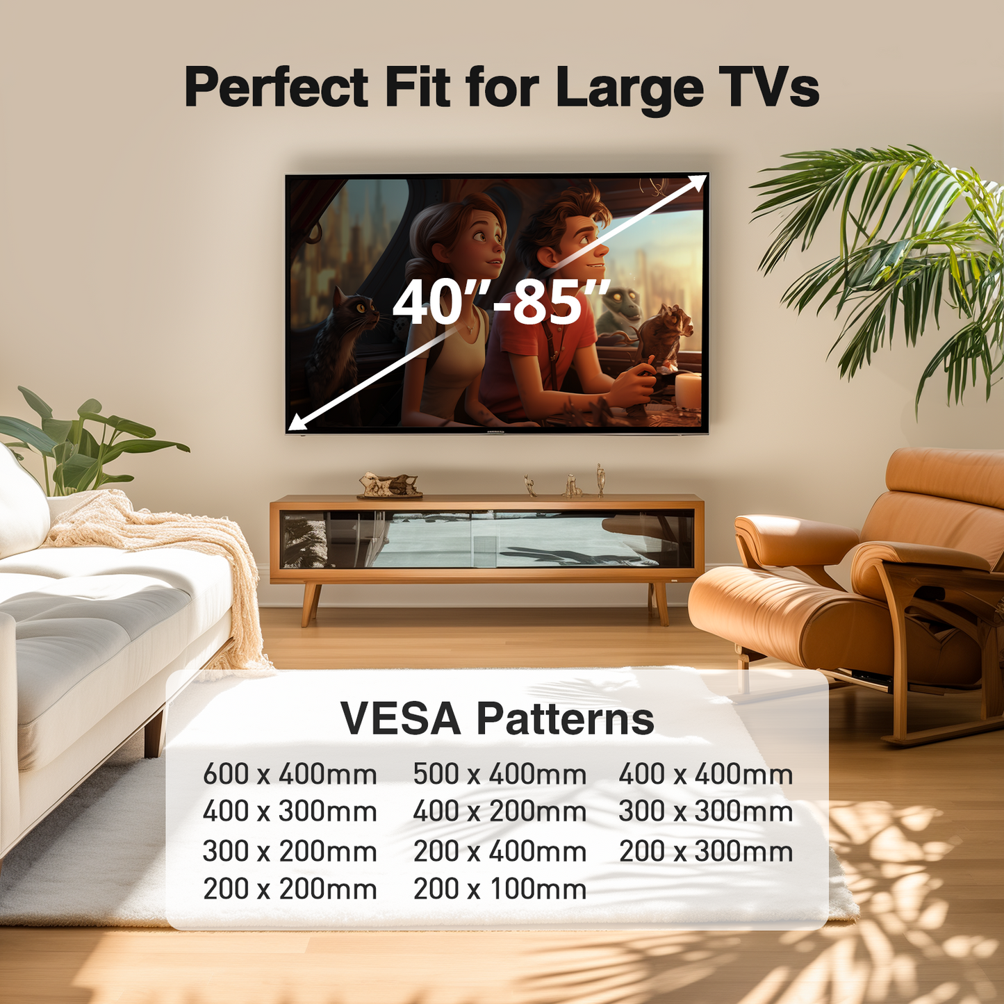 MountFTV Full Motion TV Wall Mount Bracket for 40 to 86 Inch Flat Curved TVs, 12°-16° Wood Studs, Max 600 x 400mm, Holds up to 132 lbs