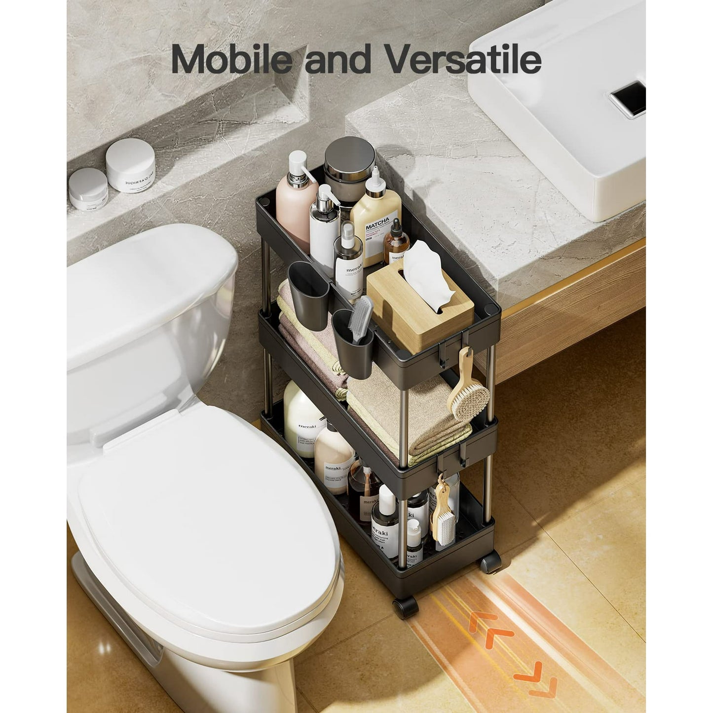 2 Pack 3 Tier Removable Slim Storage Rolling Cart Bathroom Organizer with Hanging Cups & Hooks for Home Bathroom, Kitchen(Black)