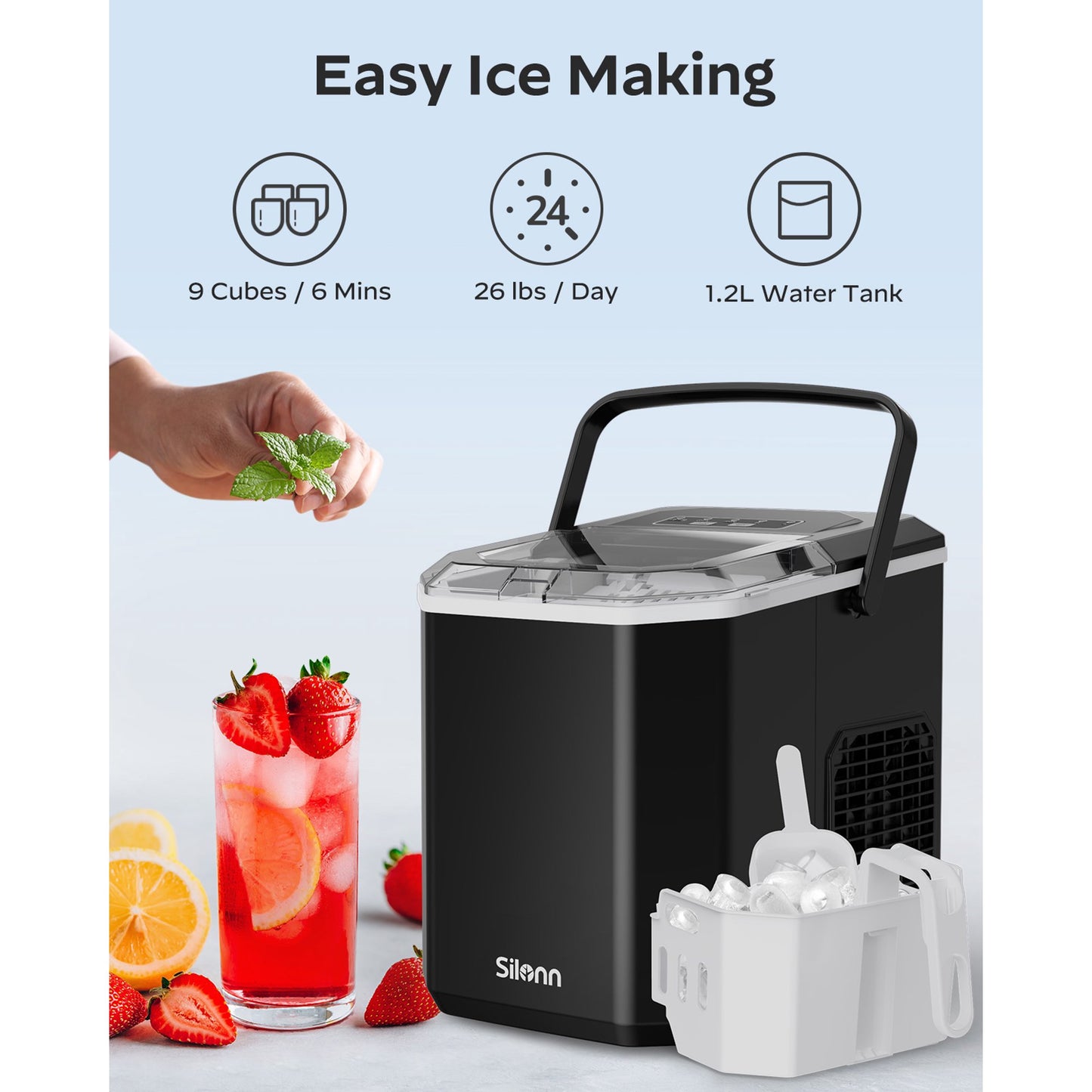 Portable Ice Maker Countertop, 9Pcs/8Mins, 26lbs/24H, Self-Cleaning Ice Machine with Handle, 2 Sizes of Bullet Ice for Home Kitchen Office Bar Party, Black