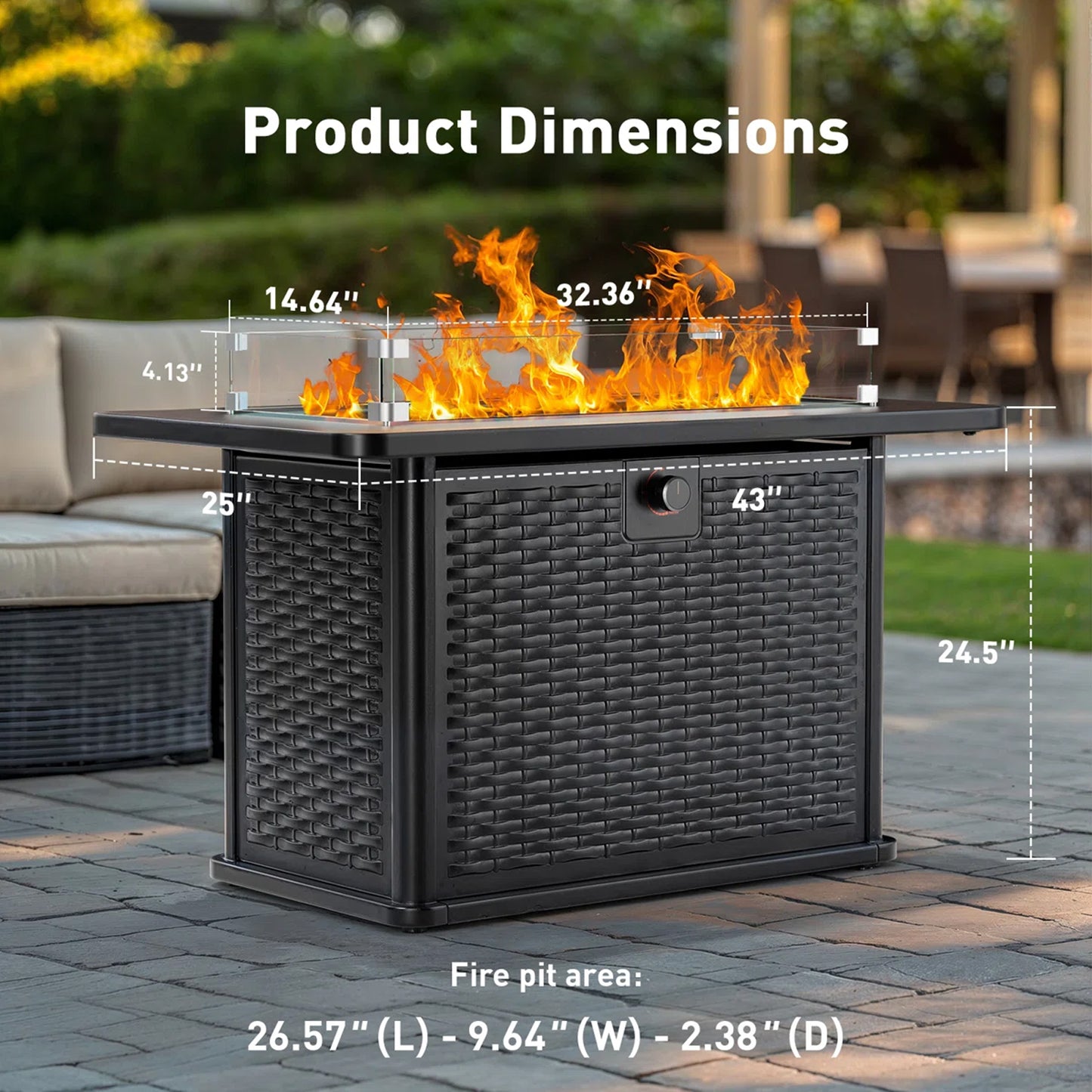 43" Propane Fire Pit Table with Wind Guard - 60,000 BTU Gas Fire Pit with Blue Glass Rocks, Waterproof Cover & 2 Cup Holders for Deck, Backyard, Garden