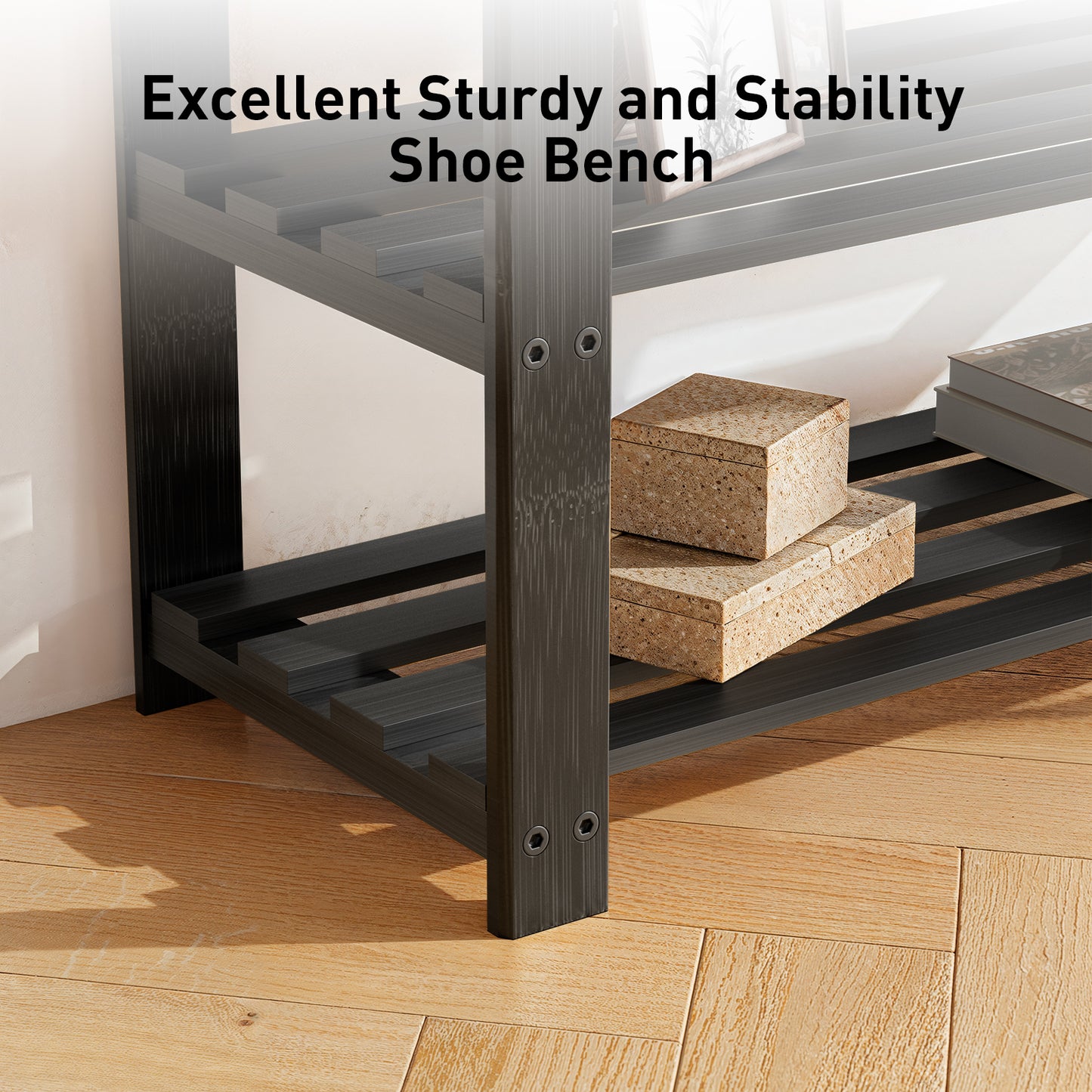 CHITOOMA 3 Tier Bamboo Shoe Storage Bench for Entryway,Wood Hallway Shoe Rack Shoe Organizer Shelf for Living Room Bedroom,Black