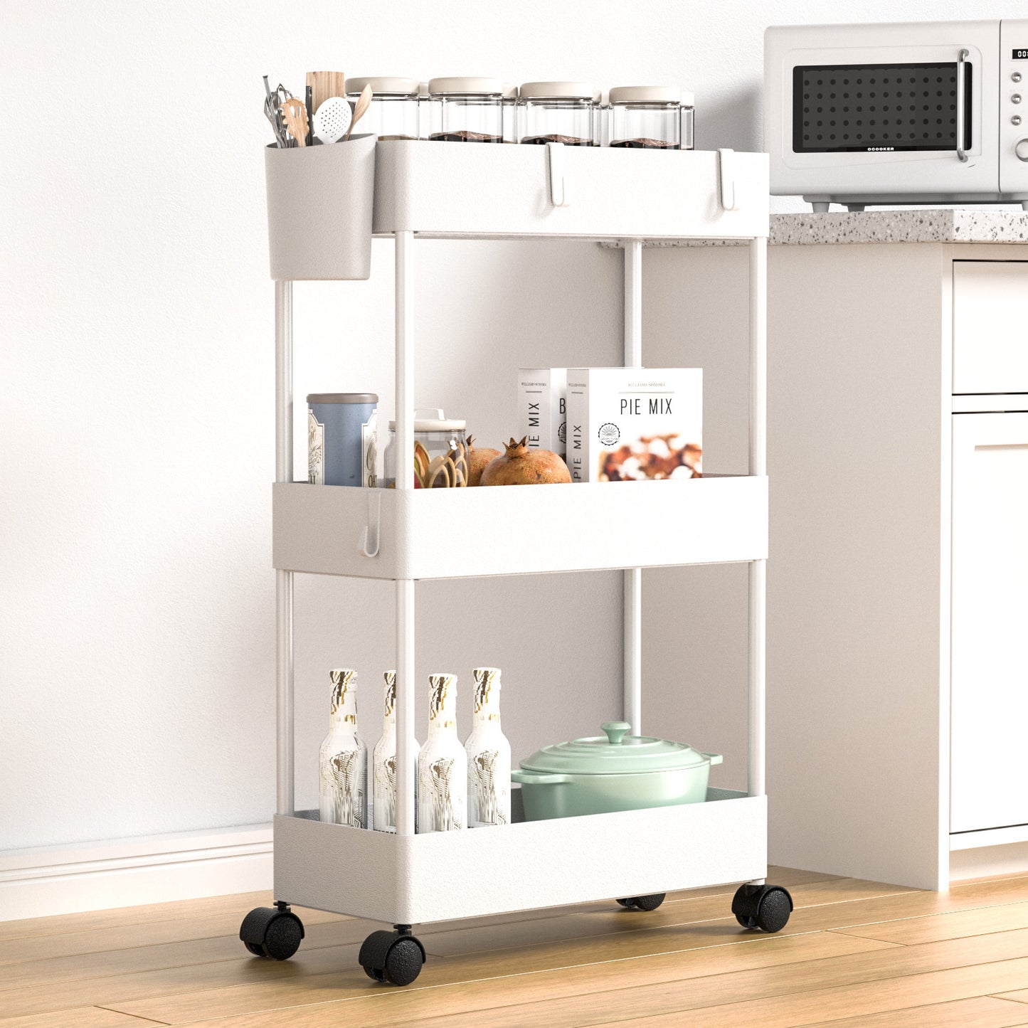 3 Tier Removable Slim Storage Cart with Wheels, Bathroom Cart Organizer Small, Rolling Cart for Bathroom, Kitchen, Narrow Space, White