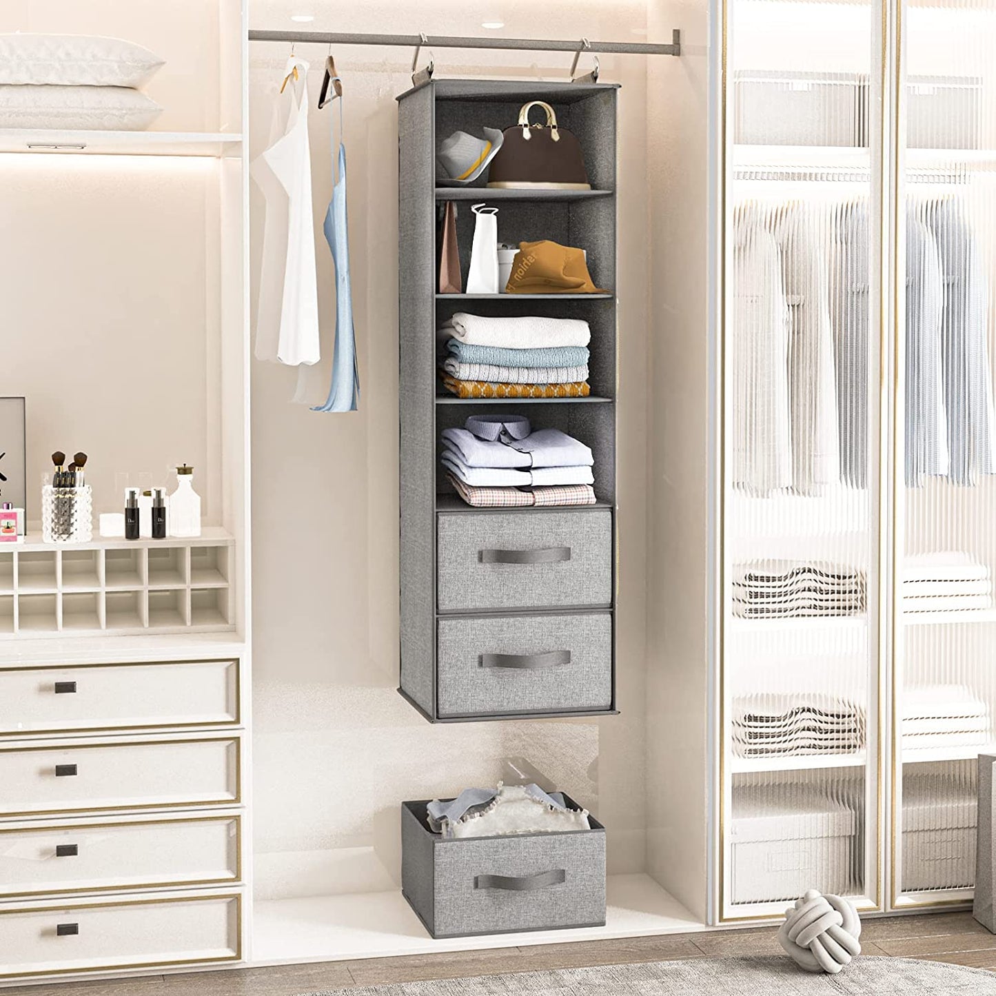 6-Shelf Hanging Closet Organizer with 3 Removable Drawers & Side Pockets Hanging Shelf Organizer for Closet, 11.4''W x 12''D x 43.3''H
