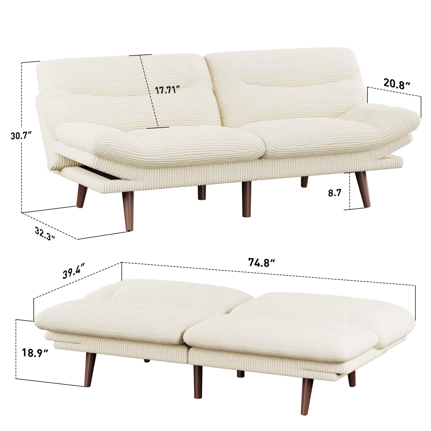 CHITOOMA 75" W Corduroy Convertible Futon Sofa Bed with Adjustable Backrest & Armrests, Comfy Loveseat Folding Sleeper Sofa Couches for Living Rooms Apartment Office, White
