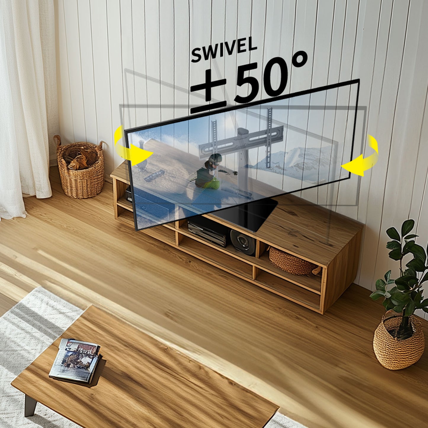 MountFTV Swivel Universal TV Stand Mount TV Stand for 27"-75" TVs Adjustable Height Table Top TV Stand Base Glass with Tray,Hold up to 100Lbs,Max 600x400mm