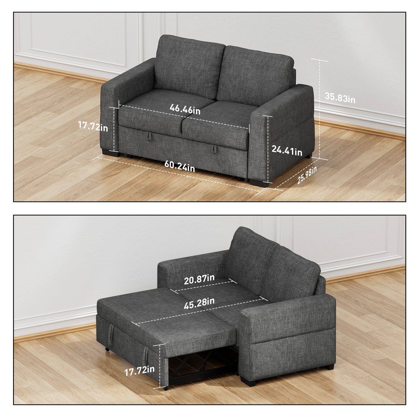 CHITOOMA 60'' Linen Pull Out Sofa Bed Convertible Sleeper Couch with Charging Port, Upholstered Sectional Sofa with 2 Pillows, Reclining Sofas for Living Room, Gray