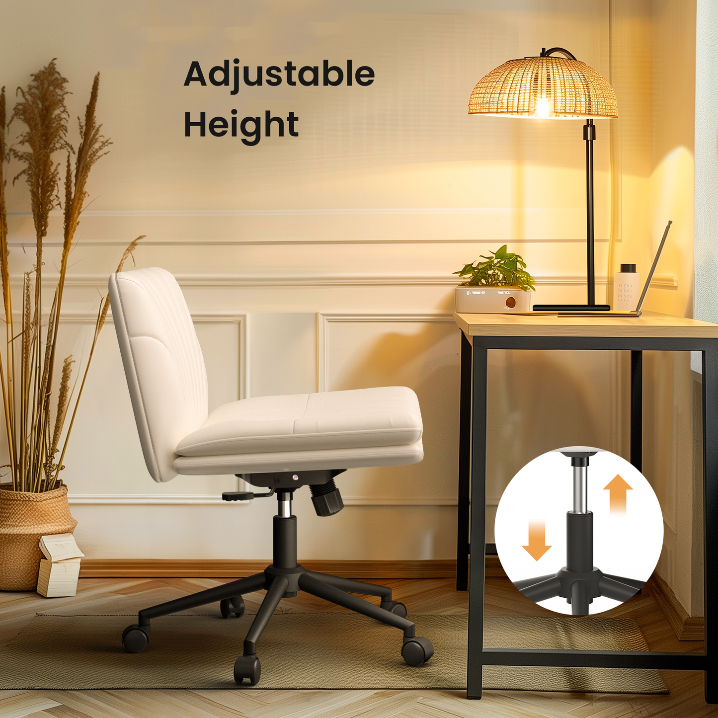 Kyspho PU Leather Armless Office Desk Chair with Caster Wheels, Height-Adjustable Office Chair with Tilt & Swivel, Wide Seat, Ergonomic Chair for Office/Vanity/Living Room