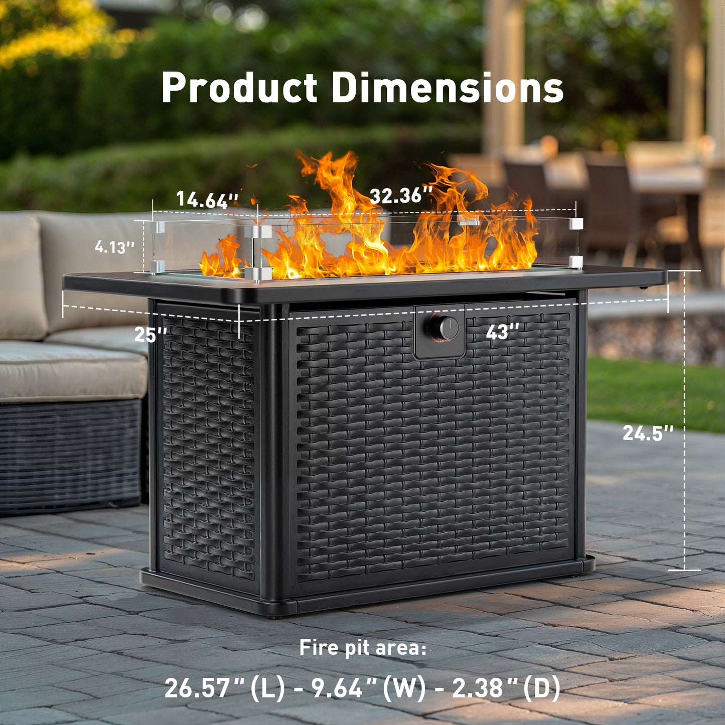 43" Rectangular Propane Gas Fire Pit Table with Wind Guard & Glass Rocks for Patio & Garden, Black Outdoor Fireplace with Lid & Lava Rocks