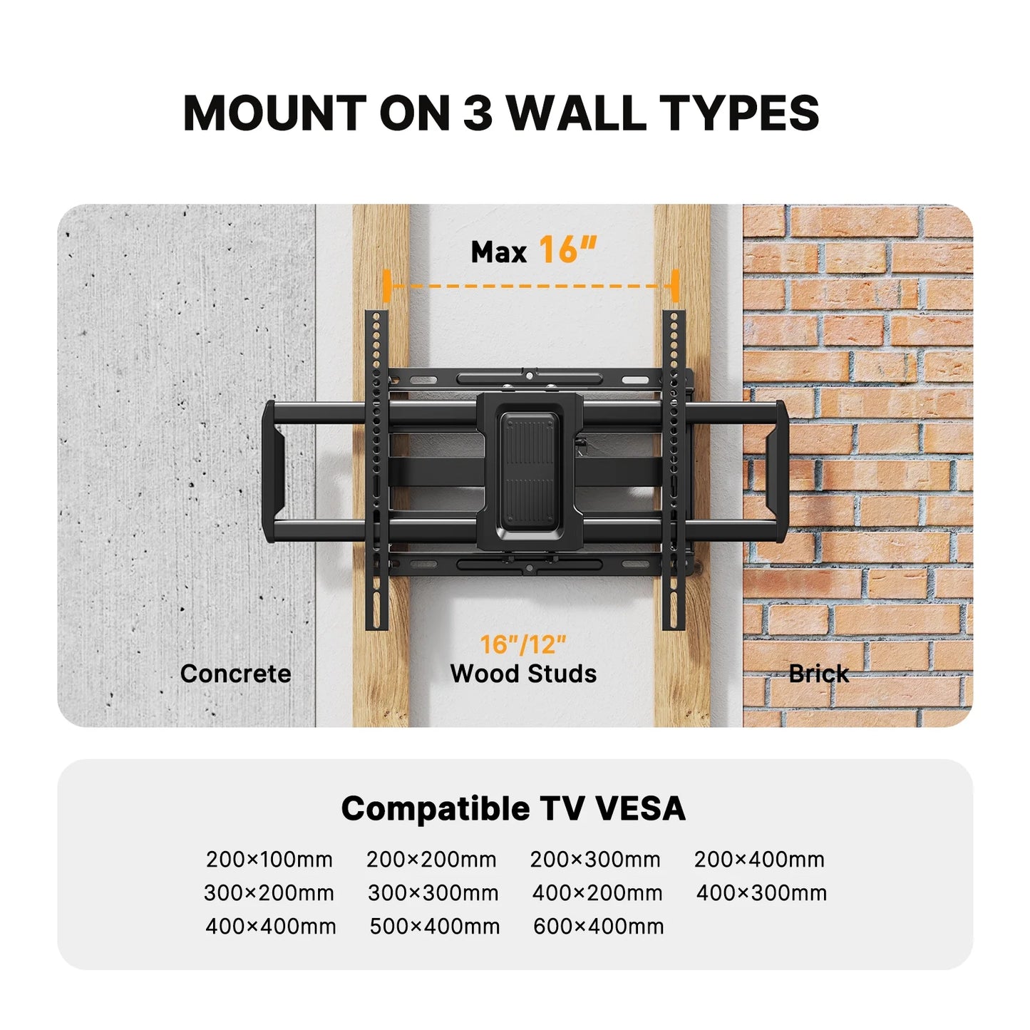 MountFTV Full Motion Articulating TV Wall Mount for Most 40–82 inch Curved TVs with Swivel, Tilt, Extension, Leveling, Max 600x400mm, Holds up to 100lbs