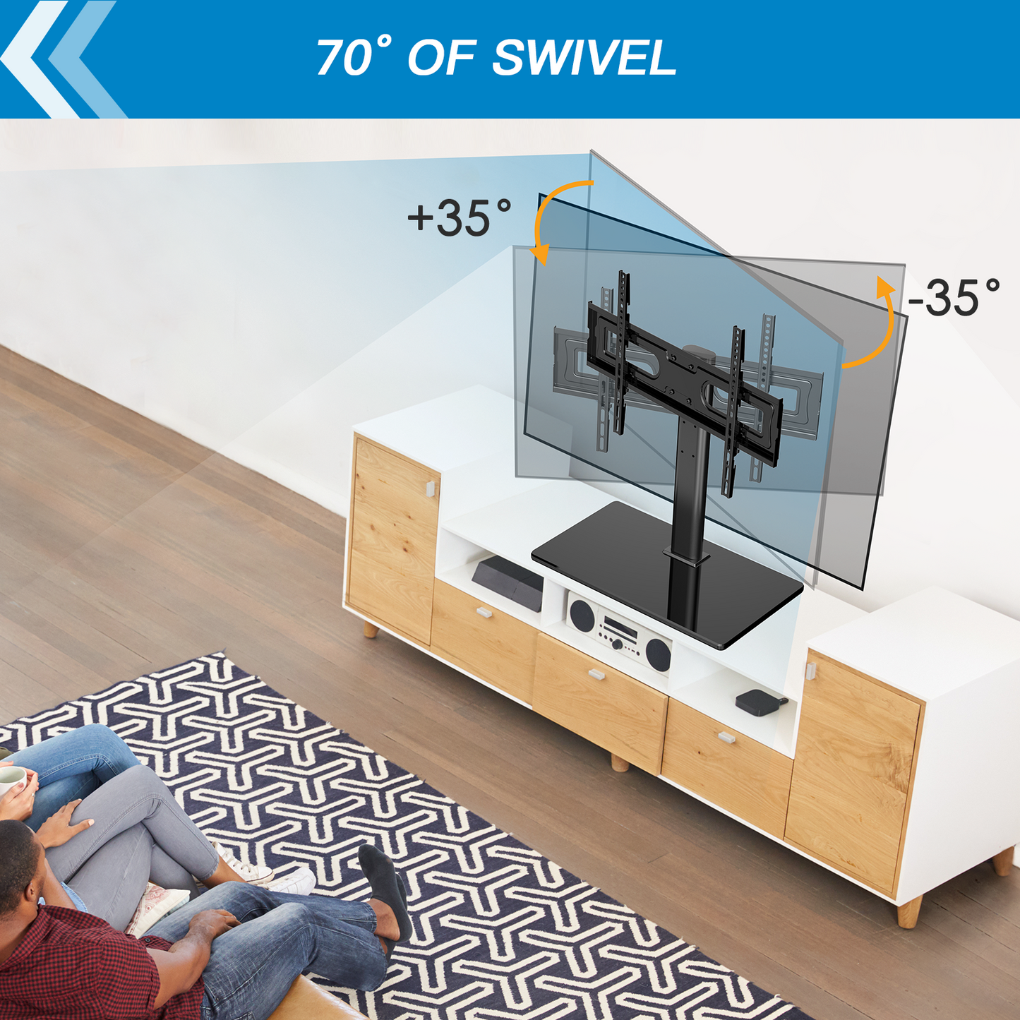 Universal Swivel Table Top TV Stand Mount Height Adjustable with Tempered Glass Base for 37-75 Inch TVs, Hold up to 99lbs, Max 600x400mm
