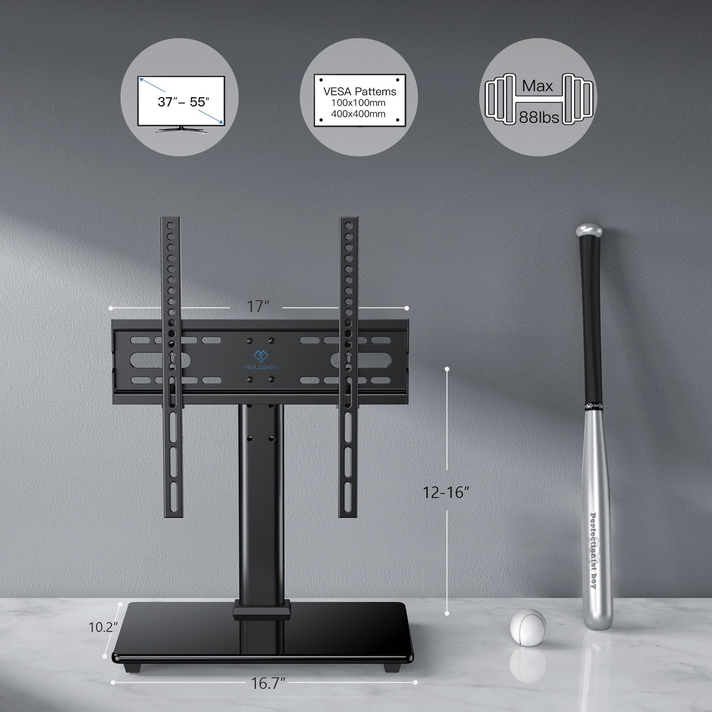 Universal TV Stand for 32-55 Inch TVs Height Adjustable TV Base Stand with Tempered Glass Base & Wire Managemen, Hold up to 88lbs, Max 400x400mm