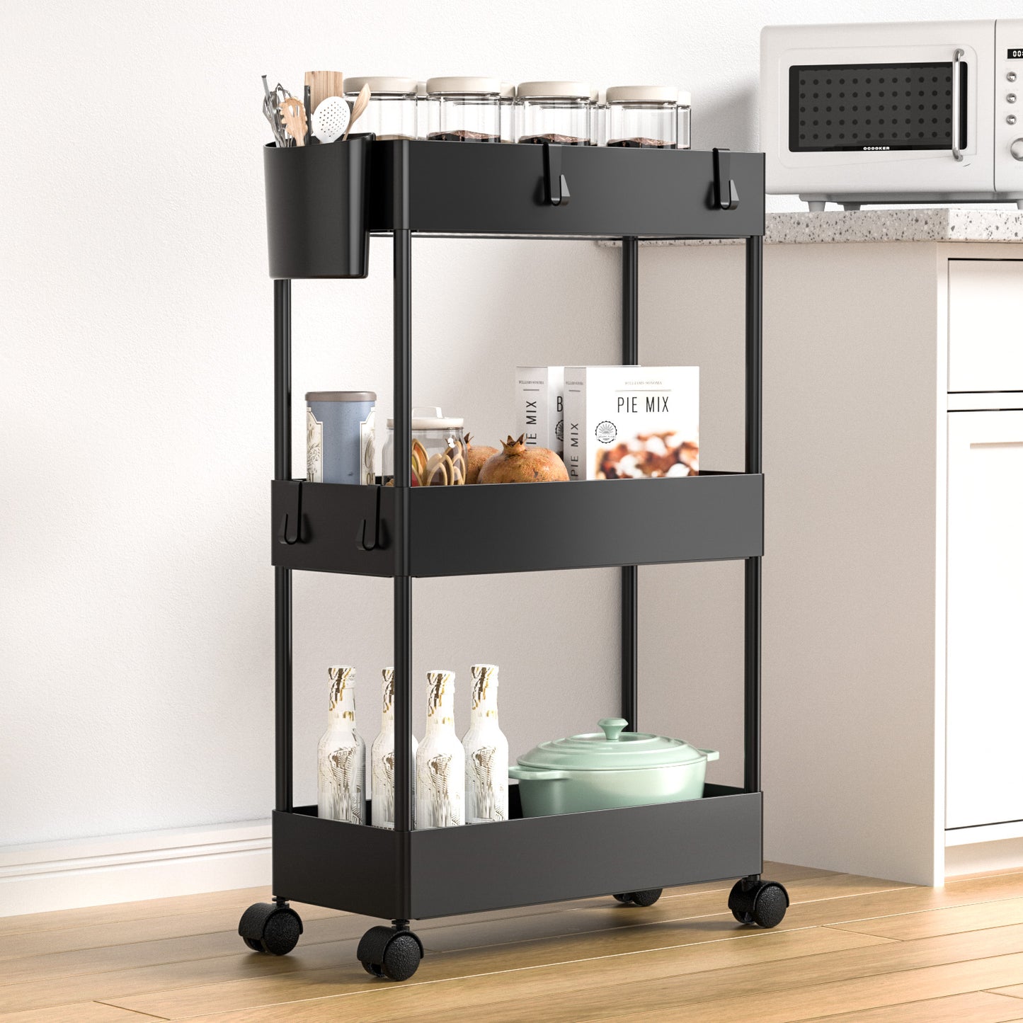 3 Tier Removable Slim Storage Cart with Wheels, Bathroom Cart Organizer Small, Rolling Cart for Bathroom, Kitchen, Narrow Space, Black