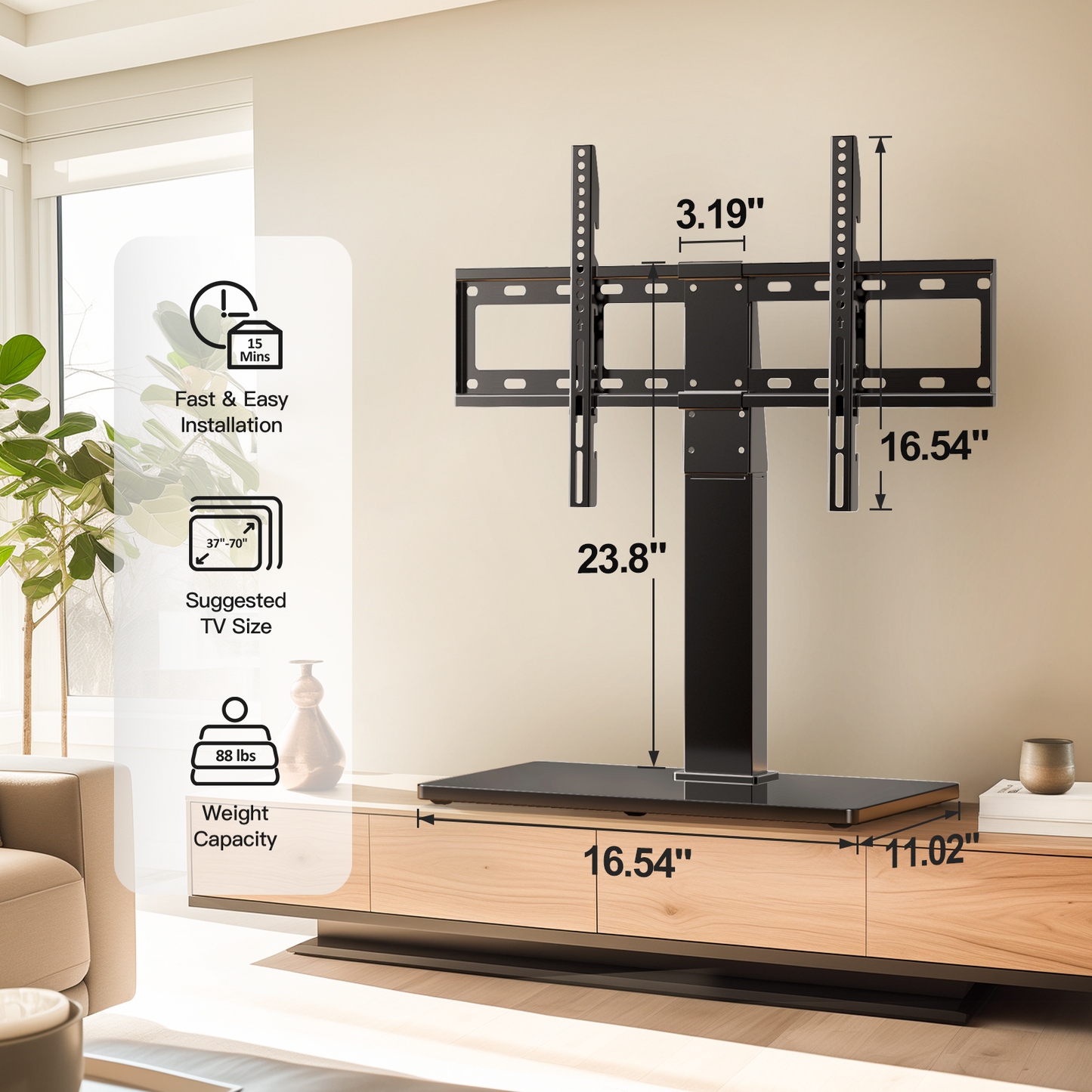 Universal Swivel TV Mount Stand Base for 37 to 70 inch LCD LED TVs, Height Adjustable Table Top TV Stand with Tempered Glass Base, Max 600x400mm, Holds up to 88lbs