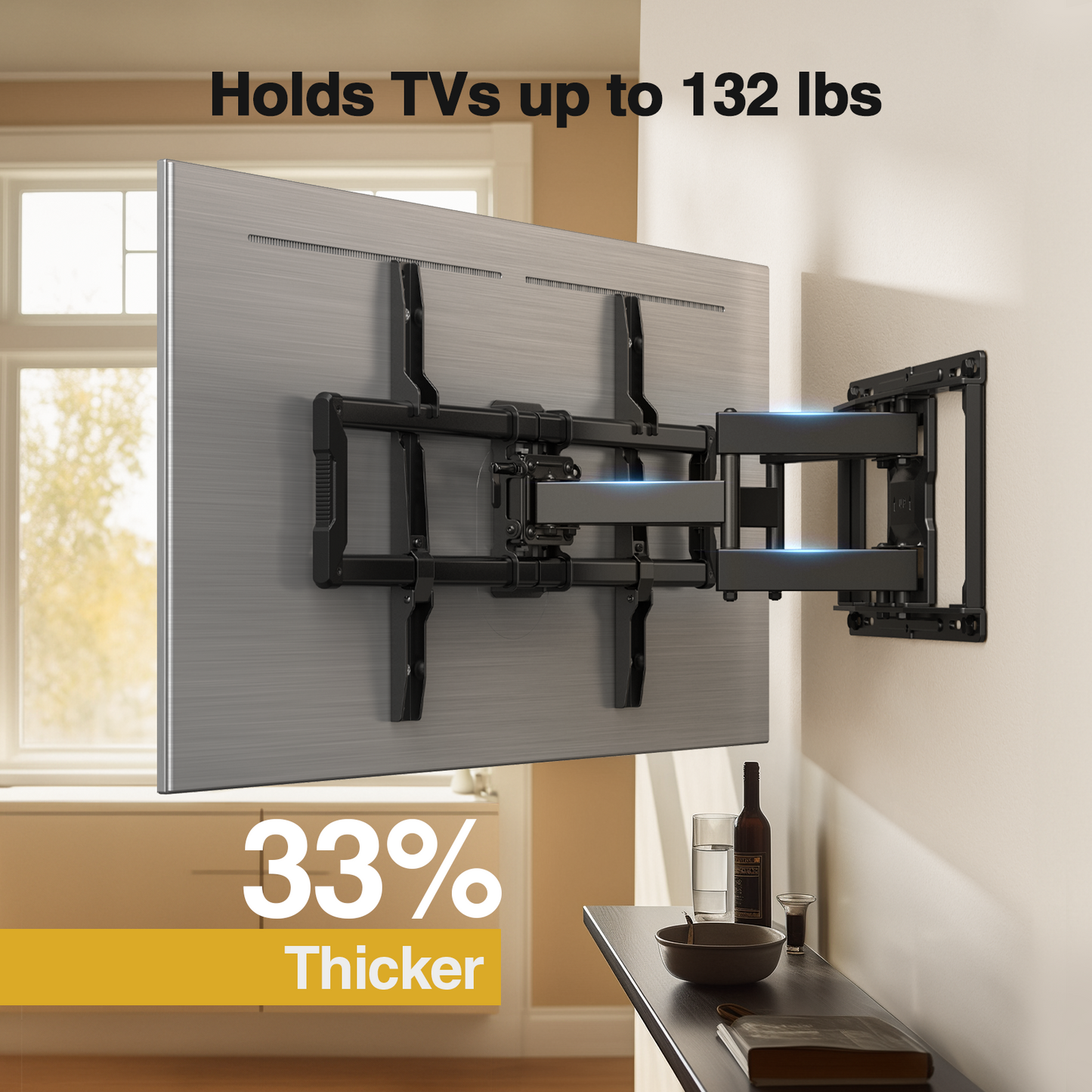 MountFTV Full Motion TV Wall Mount Bracket for 40 to 86 Inch Flat Curved TVs, 12°-16° Wood Studs, Max 600 x 400mm, Holds up to 132 lbs