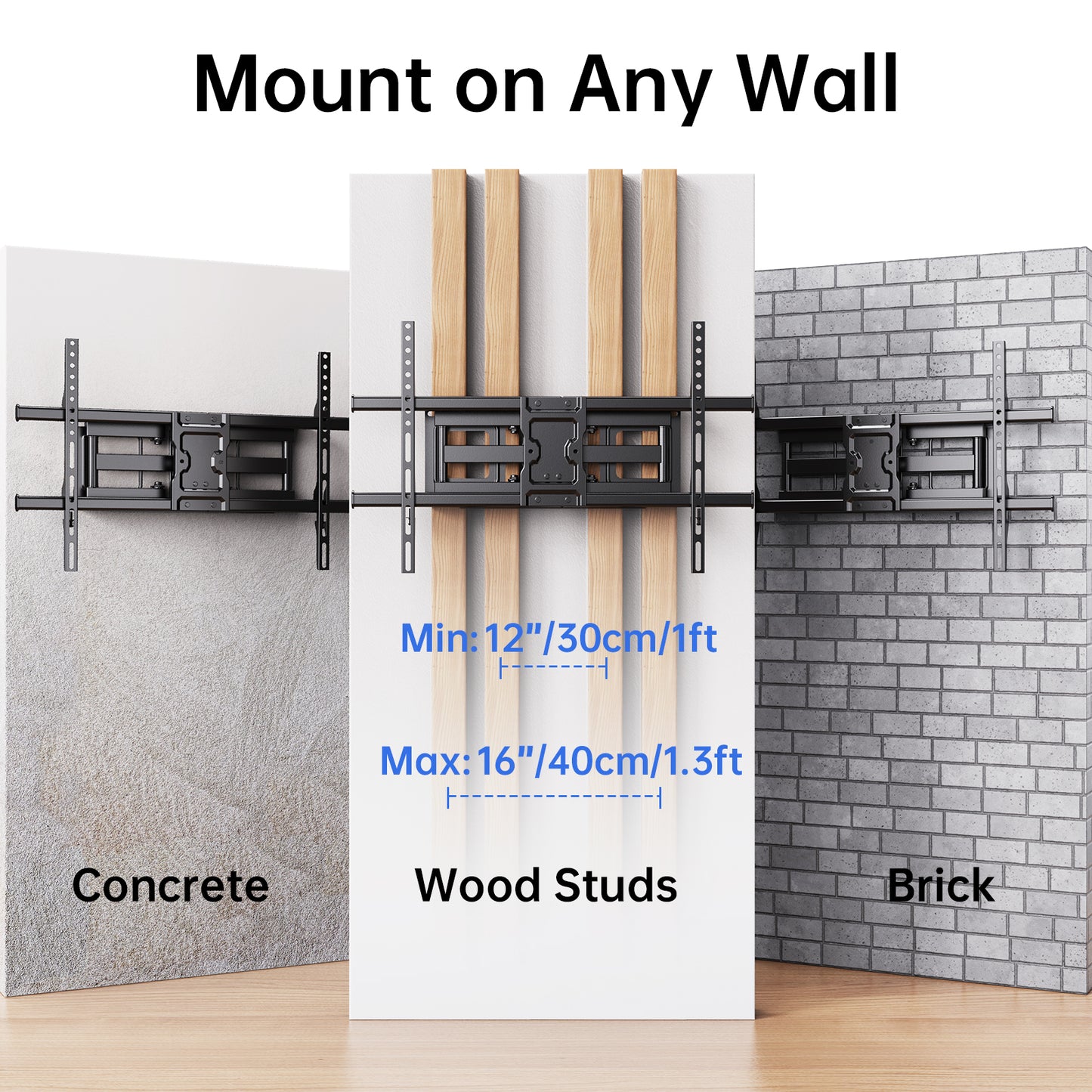 MountFTV Full Motion TV Wall Mount Bracket for 37-75 inch Flat Curved TVs, Max 600x400mm, Holds up to 132lbs