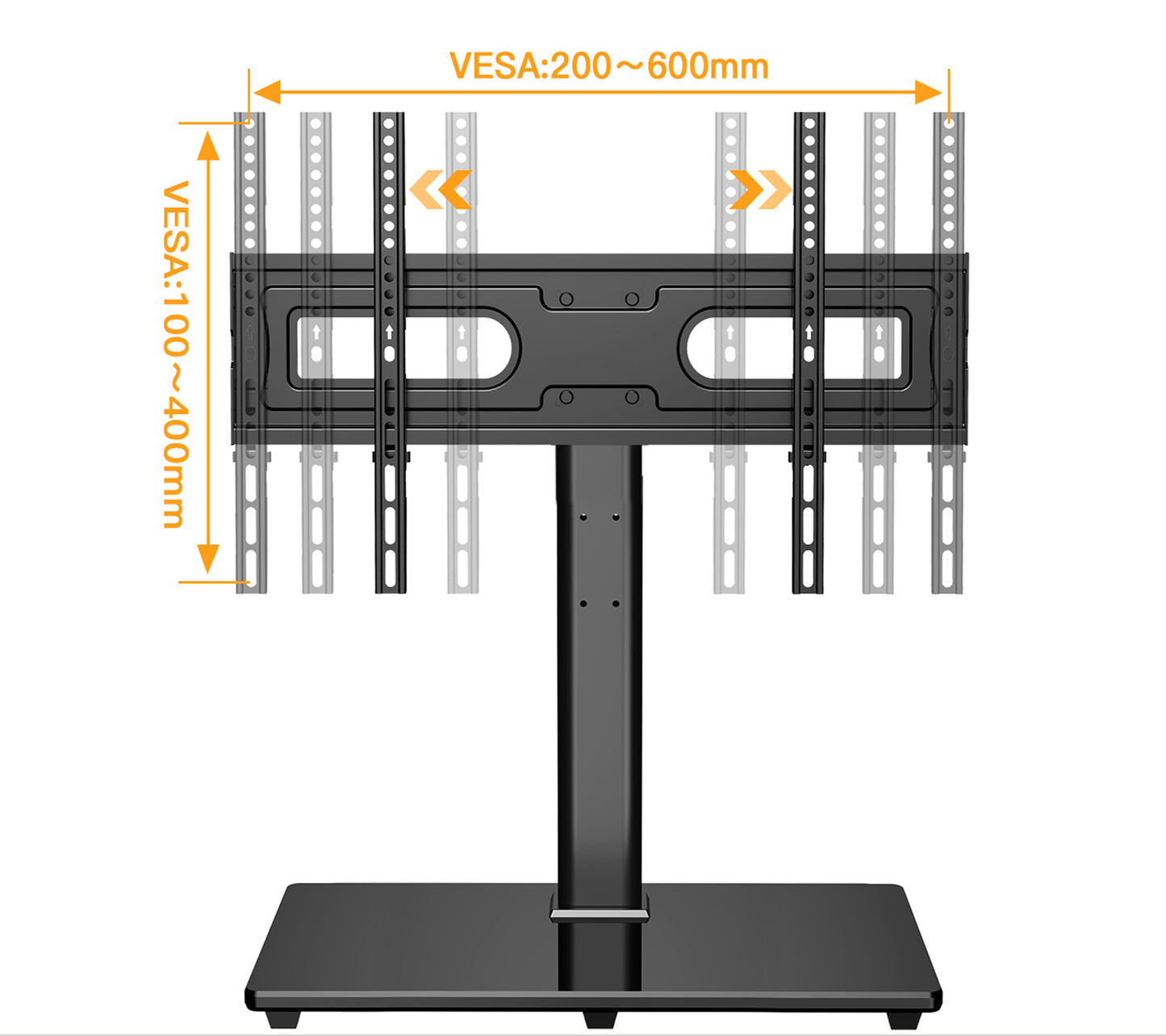 Universal Swivel Table Top TV Stand Mount Height Adjustable with Tempered Glass Base for 37-75 Inch TVs, Hold up to 99lbs, Max 600x400mm