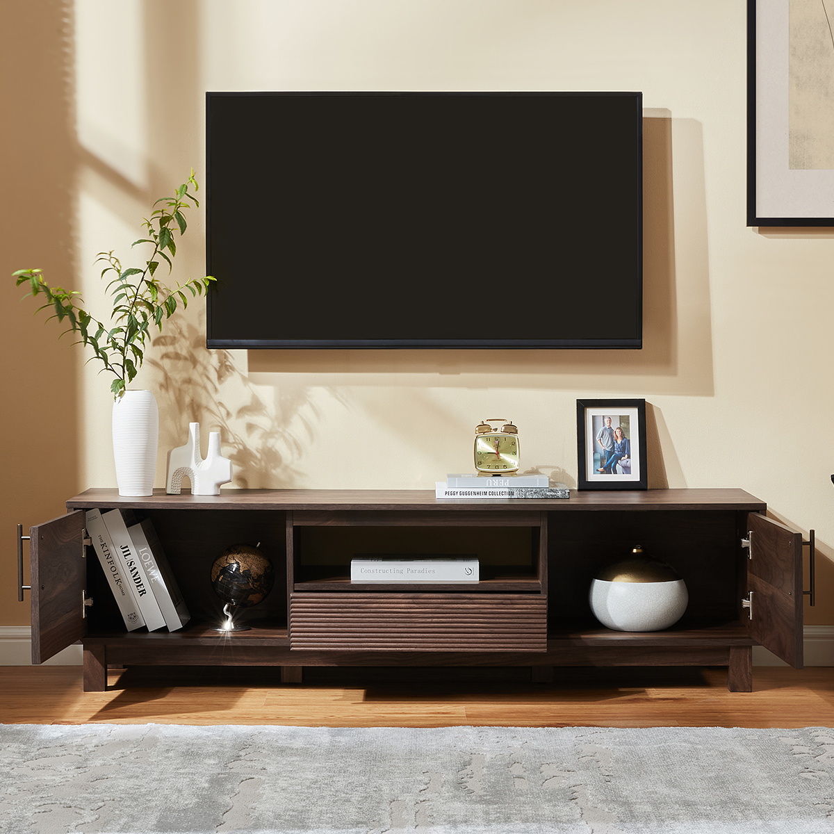 Mid-Century Modern TV Stand for 65″ TVs, Wood TV Console with Reeded 2-Door for Living Room, Brown
