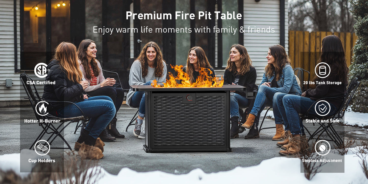 43" Rectangular Propane Gas Fire Pit Table with Glass Rocks for Patio & Garden, Black Outdoor Fireplace with Lid & Lava Rocks