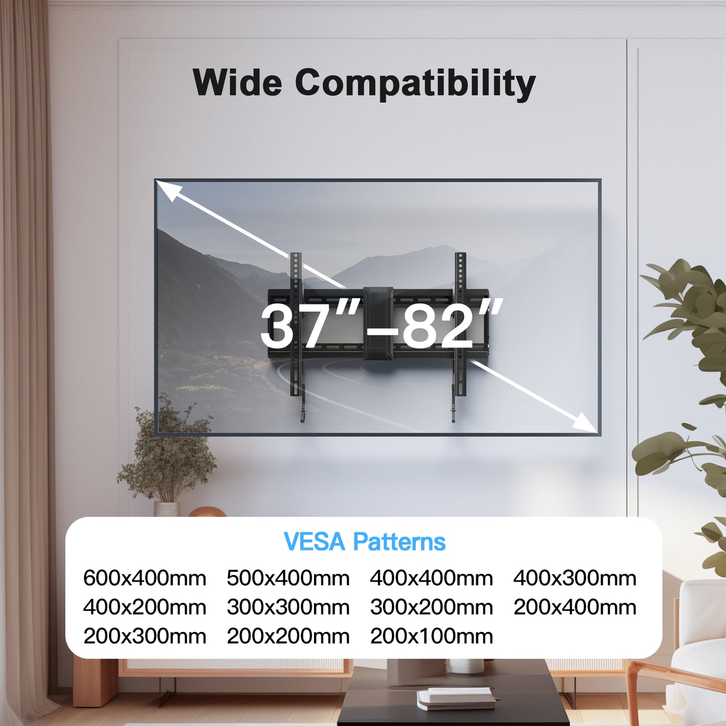 MountFTV Low Profile Tilting TV Wall Mount Bracket with Adjustable Pull Cords for 37-82 inch LED LCD OLED TVs,Max 600 x 400mm, Holds up to 132lbs