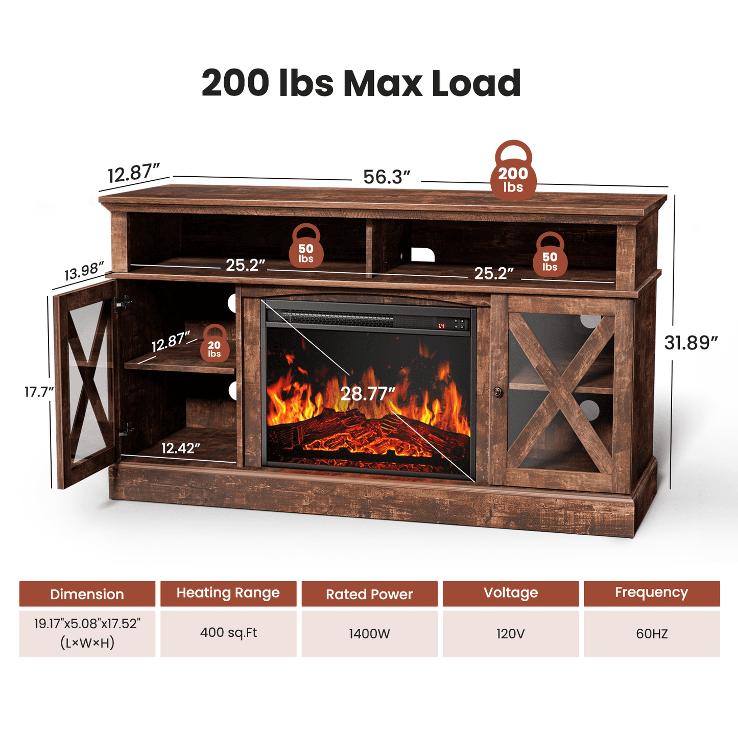 Electric Fireplace TV Stand for 70 inch TVs Farmhouse TV Console with 23″ Fireplace, Vintage Brown