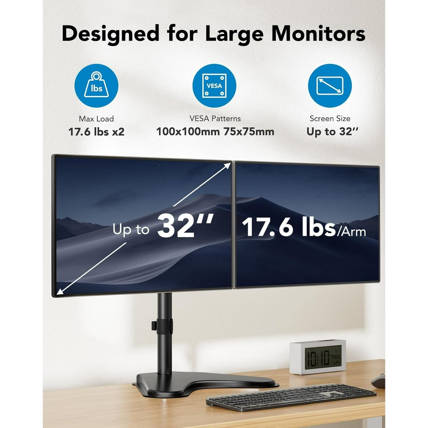 Dual Monitor Stand for Two 13-32 inch Flat/Curved LCD Screens with Swivel, Tilt & Height Adjustable Free Standing