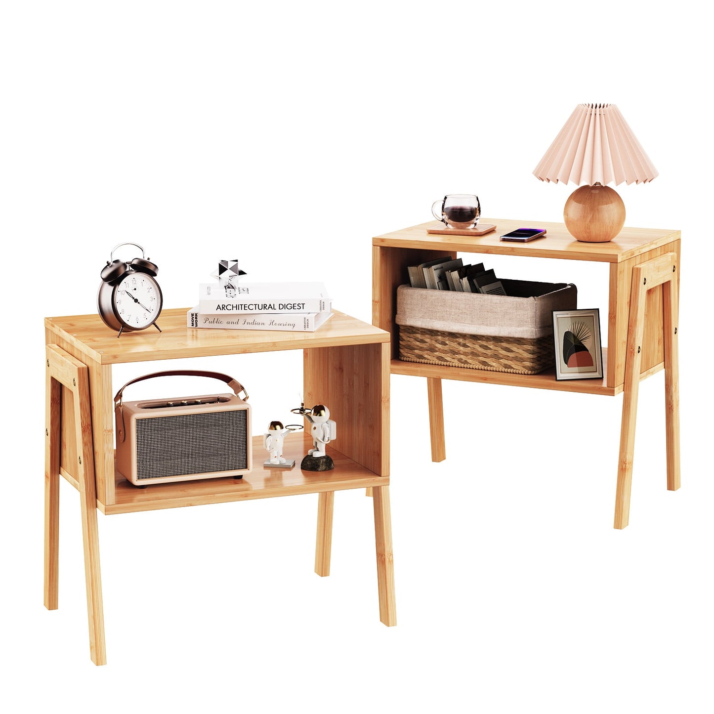 Bamboo Stackable End Tables, Wood Living Room Nightstand, Bedside Tables for Bedroom Storage, Versatile End Table, Rustic Nightstand, Set of 2