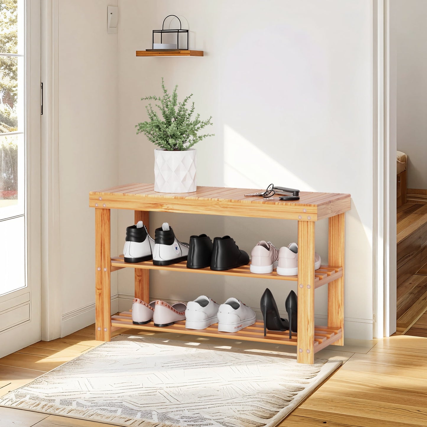 CHITOOMA 3 Tier Bamboo Shoe Storage Bench for Entryway,Wood Hallway Shoe Rack Shoe Organizer Shelf for Living Room Bedroom,Natural