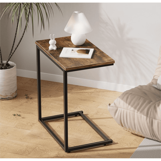 CHITOOMA C Shaped End Table, Metal Frame TV Tray, Side Couch Table for Living Room Bedroom, Rustic Brown