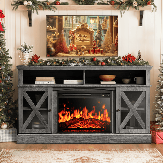 CHITOOMA Electric Fireplace TV Stand for 65 inch TVs Farmhouse TV Console with 23″ Fireplace, Gray
