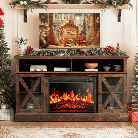 Electric Fireplace TV Stand for 70 inch TVs Farmhouse TV Console with 23″ Fireplace, Vintage Brown