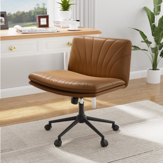 PU Armless Office Desk Chair with Wheels,PU Leather Cross Legged Wide Chair,Mid Back Adjustable Swivel Computer Task Chairs Vanity Chair for Home,Office(Brown) - Walmart.com