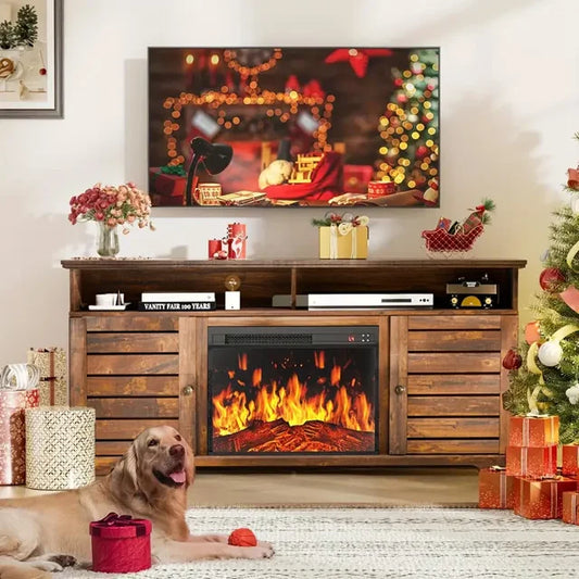 Electric Fireplace TV Stand for 70/65/60/55 Inch TVs, Farmhouse Entertainment Center with 23" Electric Fireplace with Storage, Adjustable Led Flame, Brown
