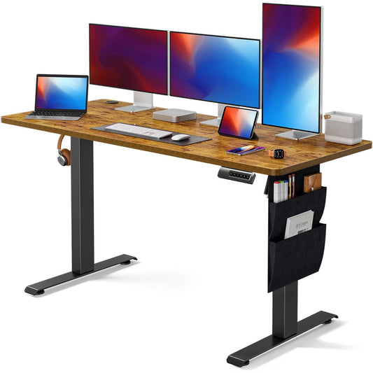 CHITOOMA 55" x 24" Electric Standing Desk, Adjustable Height Sit to Stand Desk with 4 Memory Pre-Set, Storage Bag, Headphone Hook for Home Office, Rustic Brown