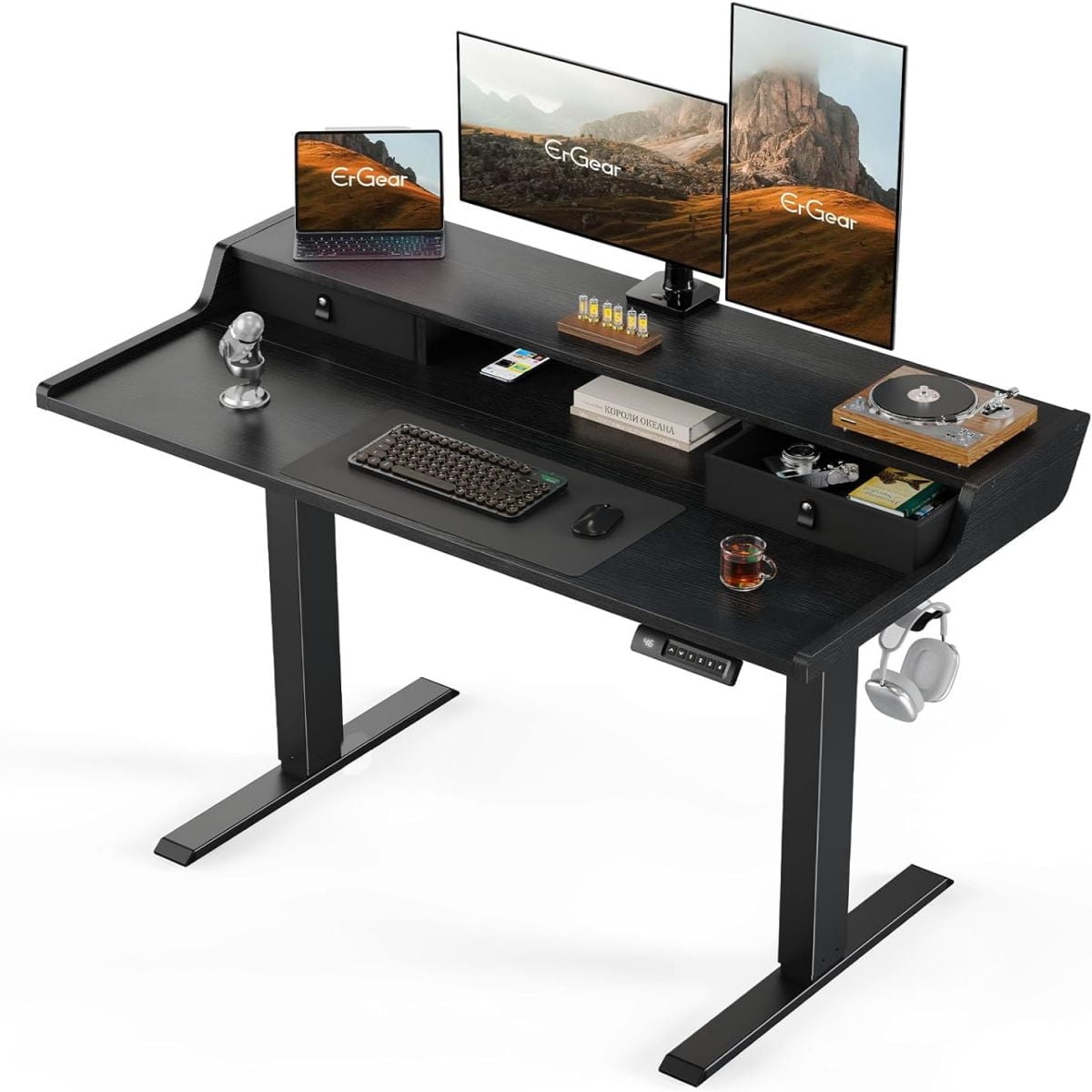 Electric Standing Desk with Drawers, 48" x 24" Gaming Desk with Monitor Stand, Black