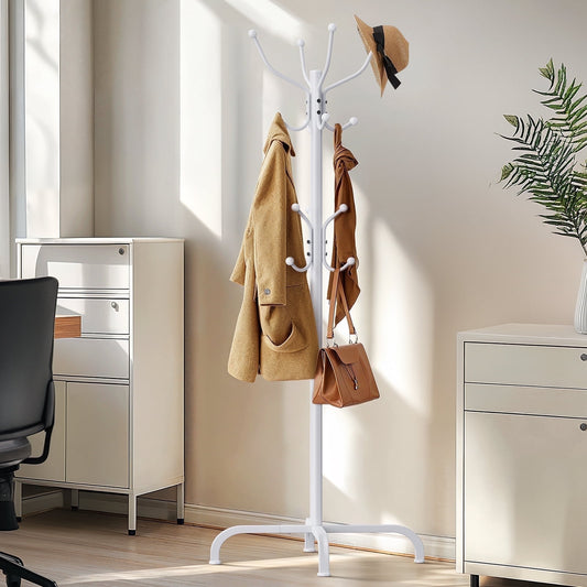 CHITOOMA 14 Hooks Coat Rack Stand Metal Storage Rack Floor Hat Clothing Display Stand, White