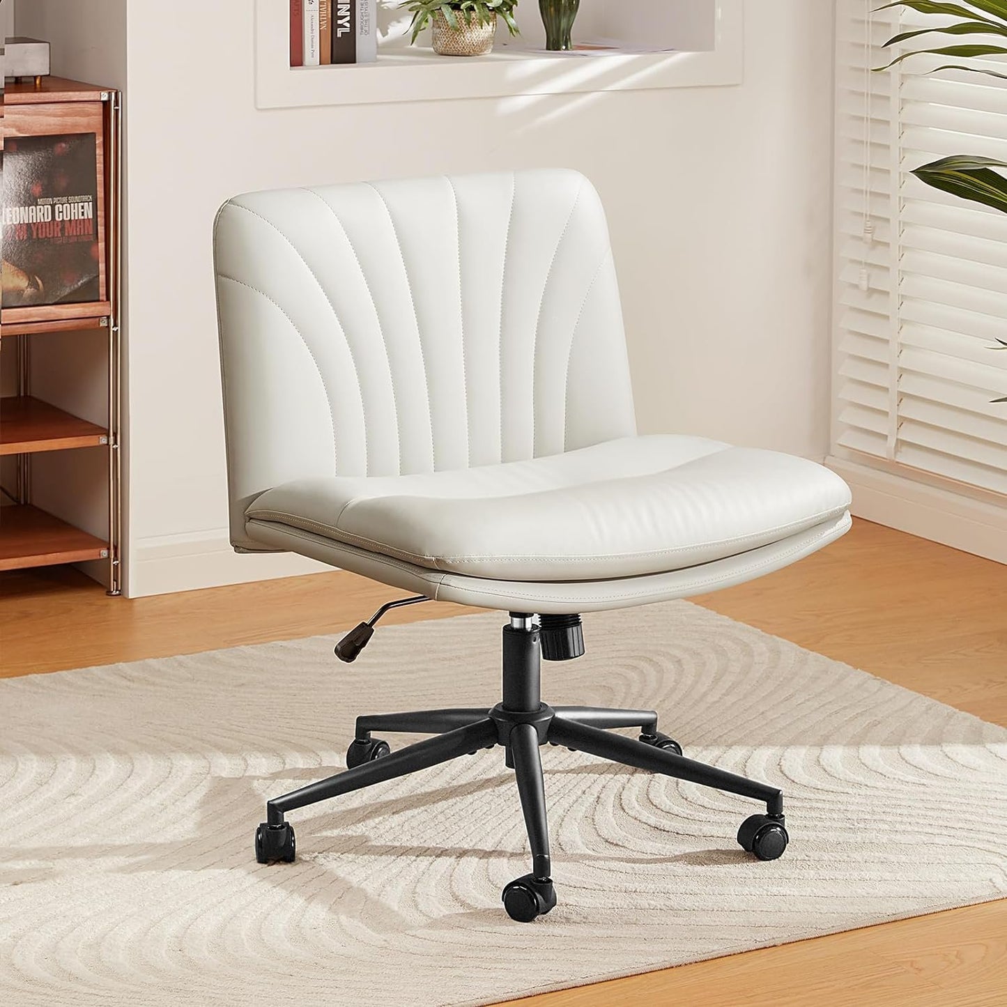 Kyspho PU Leather Armless Office Desk Chair with Caster Wheels, Height-Adjustable Office Chair with Tilt & Swivel, Wide Seat, Ergonomic Chair for Office/Vanity/Living Room