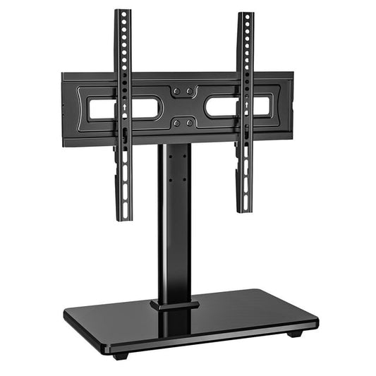 MountFTV Modern Black Universal Table Top Swivel TV Stand TV Mount Glass Base for 32-65 inch LCD LED TVs, up to 35° Swivel, Alloy Steel