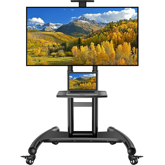 MountFTV Modern Rolling TV Stand Mobile TV Cart Floor TV Stand with Projector Shelf for 32-75 inch Flat Panel TVs