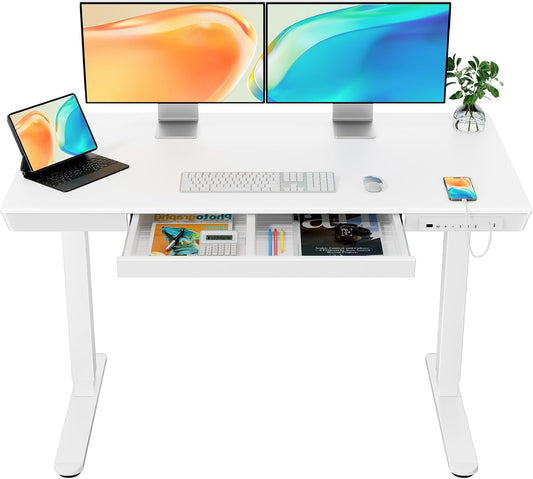 One Piece Glass Top Standing Desk with Drawer and Charging Ports, 55" x 24" Electric Height Adjustable Desk, Sit Stand up for Home Office, White