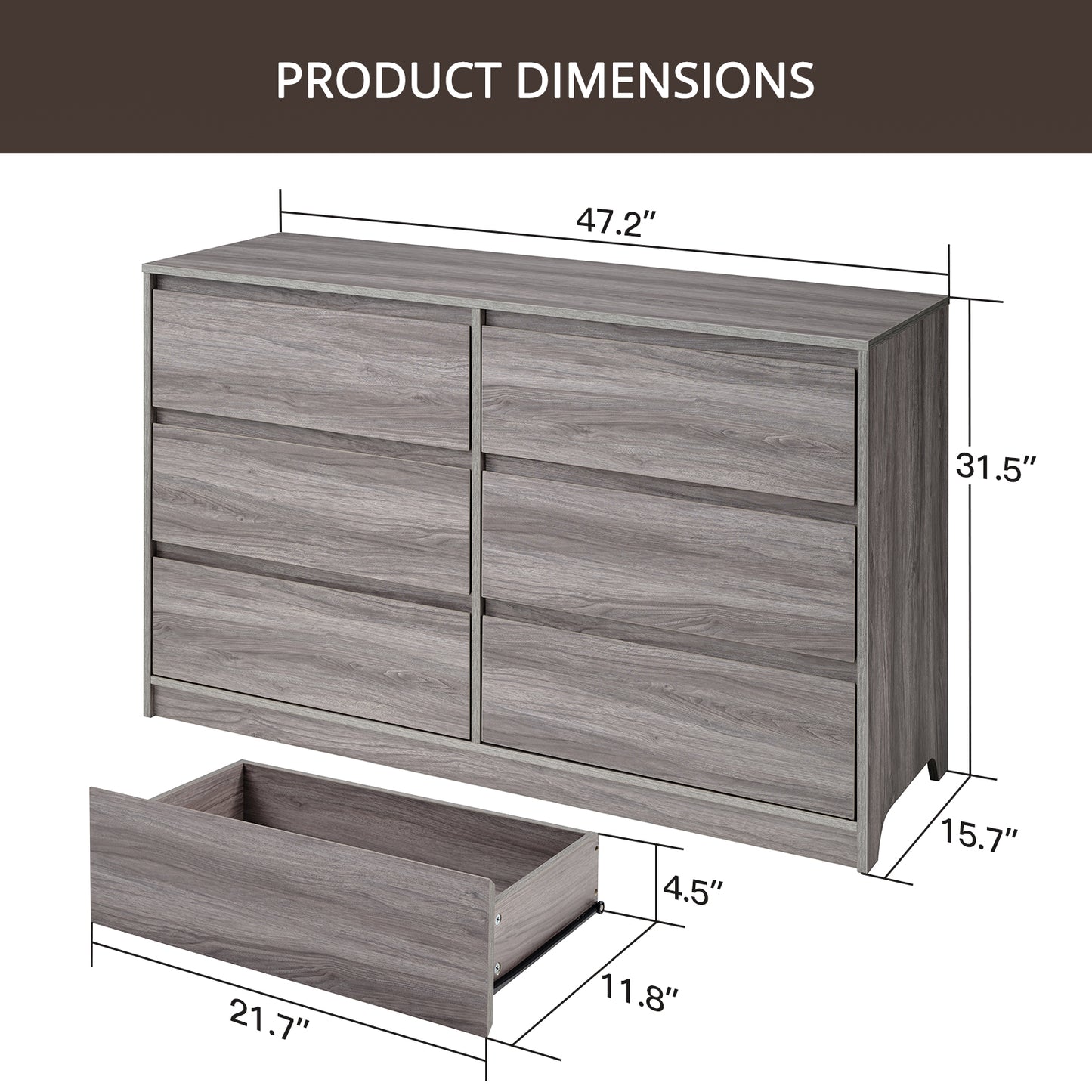 CHITOOMA 6 Drawer Dresser Wood Storage Cabine for Bedroom, Closet, Hallway, Entryway, Nursery Room, Gray