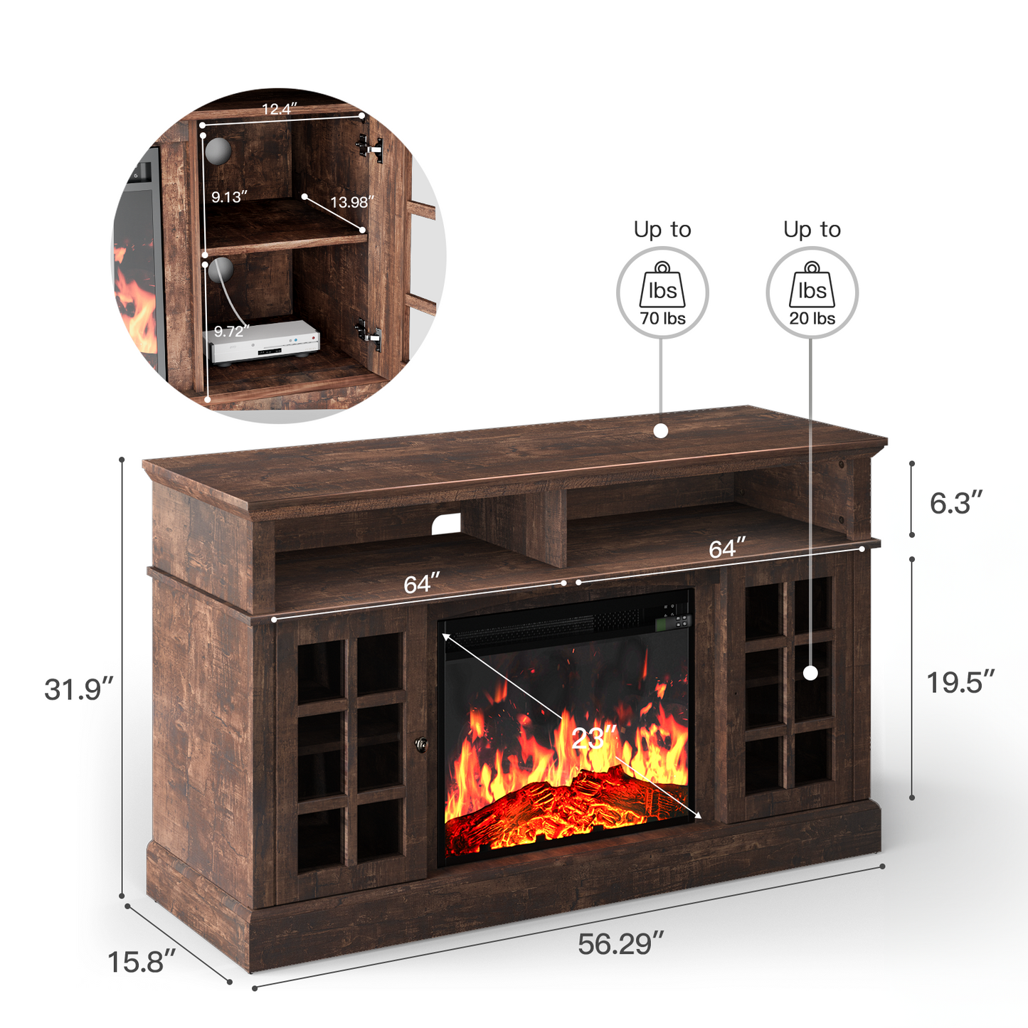 Electric Fireplace TV Stand for 65″ TVs with remote control Fireplace Entertainment Center TV Console Table with 23″ Fireplace, Holds up to 200 lbs - Walmart.com