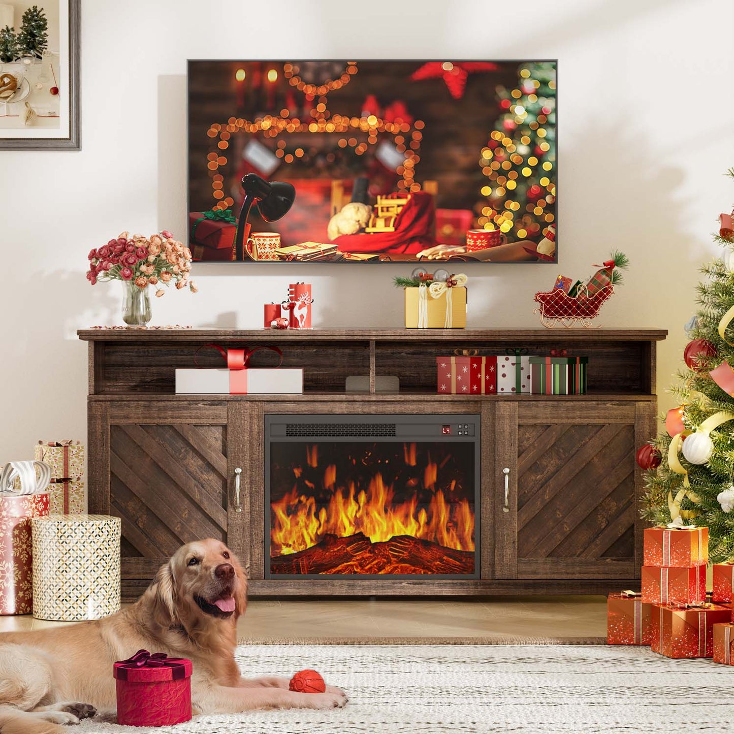 Electric Fireplace TV Stand for TVs up to 70 inch with Remote Control, Entertainment Center with 23″ Fireplace, Vintage Brown