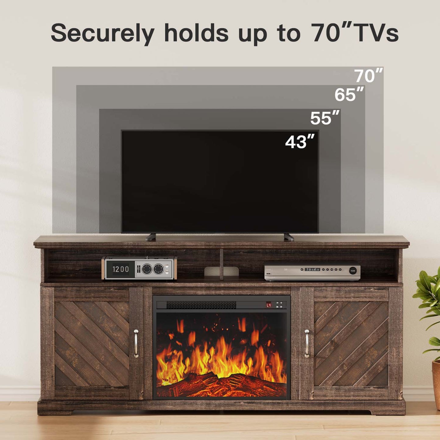 Electric Fireplace TV Stand for TVs up to 70 inch with Remote Control, Entertainment Center with 23″ Fireplace, Vintage Brown