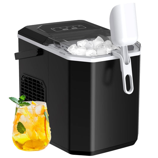 Portable Ice Maker Countertop, 9Pcs/8Mins, 26lbs/24H, Self-Cleaning Ice Machine with Handle, 2 Sizes of Bullet Ice for Home Kitchen Office Bar Party, Black